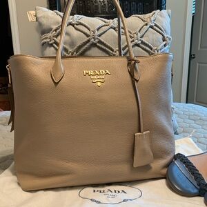 Prada Beige Leather Tote with Gold Logo